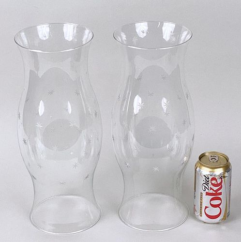 PAIR LARGE ETCHED GLASS HURRICANE