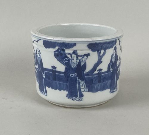 CHINESE B/W PORCELAIN BRUSH POTdepicting