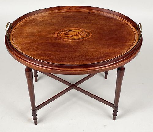 GEORGIAN OVAL INLAID MAHOGANY TRAY/STANDwith