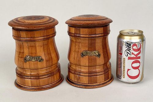 PAIR VICTORIAN TREEN CANISTERS,