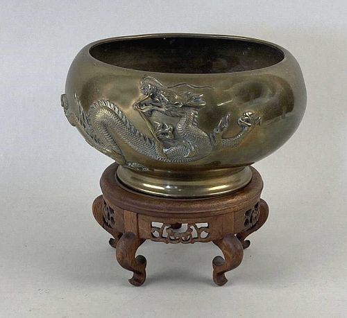 ASIAN BRASS DRAGON BOWL, CARVED