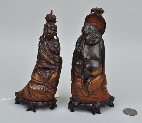 TWO CHINESE CARVED HORN FIGURES/STANDSHotei