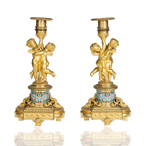 PAIR OF CHAMPLEVE CANDELABRASthe