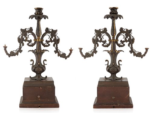 A PAIR OF BRONZE CANDELABRAS, LATE