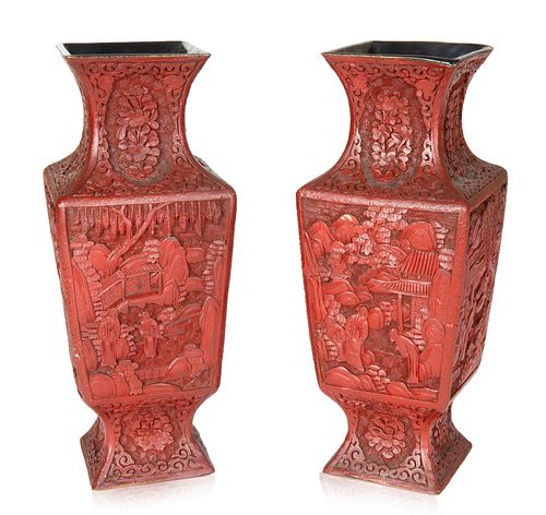 PAIR OF CHINESE CARVED CINNABAR