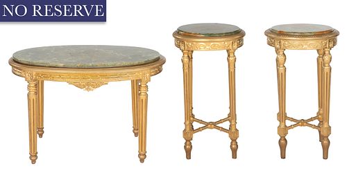 A GROUP OF ONYX AND GILTWOOD TABLES,