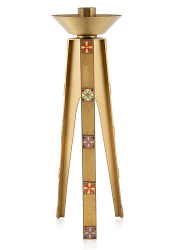 A BRASS ENAMEL TRIPOD CANDLE STAND  38054a