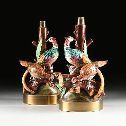 A PAIR OF MAJOLICA PHEASANT CANDLESTICK 380c75