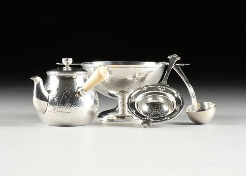 FOUR ARTS AND CRAFTS HAMMERED TEA SERVICE