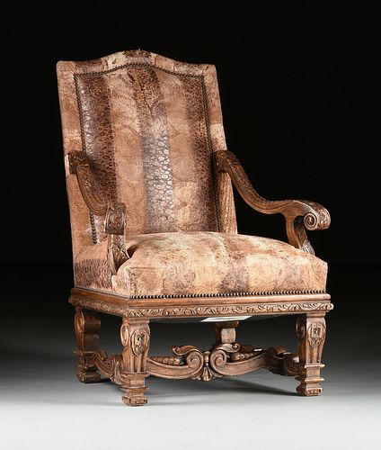 A LOUIS XIV STYLE LEATHER UPHOLSTERED 380f26