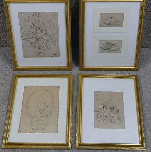 4 FRAMED CALLIGRAPHY DRAWINGS 1889Set