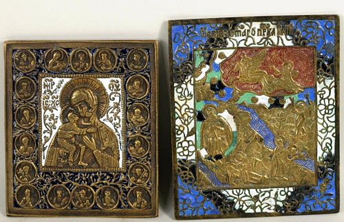 TWO RUSSIAN ENAMELED BRASS ICONSTwo