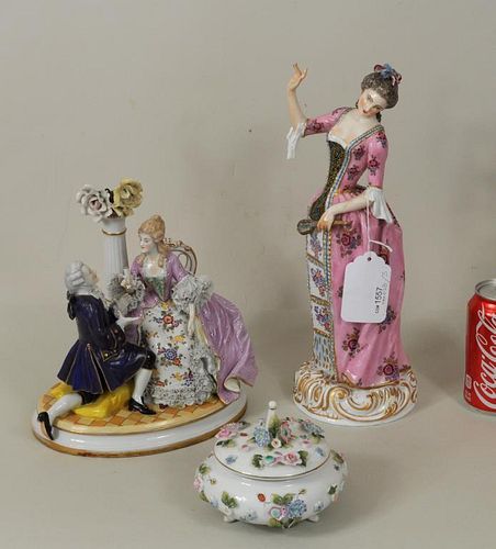 TWO MEISSEN PORCELAIN FIGURES & LIMOGES