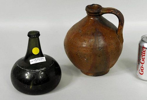 EARLY GREEN GLASS BOTTLE & STONEWARE