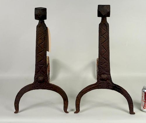 PAIR WROUGHT IRON ANDIRONS INCISED 383906