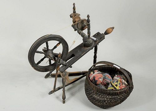 SMALL SPINNING WHEEL & BASKET OF RAG