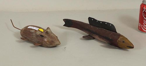 TWO FOLK ART CARVED PAINTED FISHING 383952