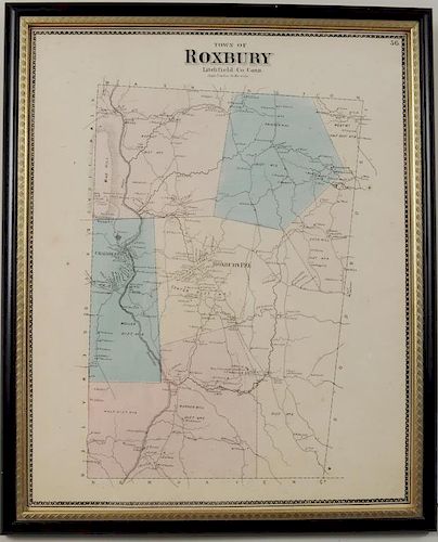 FRAMED HAND COLORED MAP OF ROXBURY,