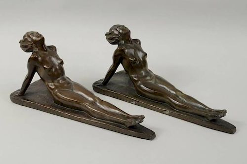 PAIR ART DECO RECLINING NUDE SCULPTURESPair