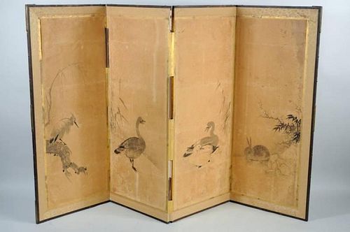 JAPANESE FOUR PANEL PAINTED SCREENJapanese