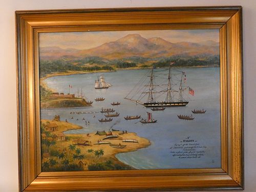 VINTAGE WHALING PAINTING TAHITI20th 383b02