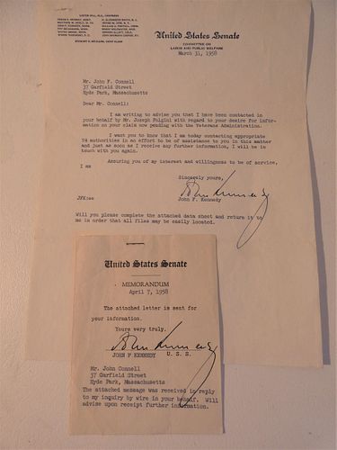 1958 JFK SIGNED LETTER & MEMOAuthentic