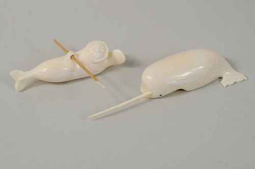 TWO INUIT CARVED MARINE IVORY SCULPTURESTwo