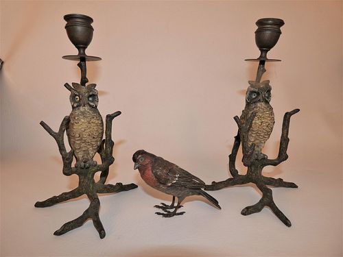 3 AUSTRIAN BRONZE BIRDS OWL CANDLESTICKSLot 383d42