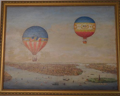 NEW YORK HARBOR AIR BALLOON PAINTINGVintage