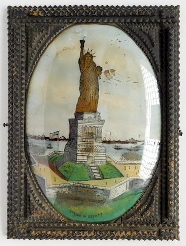 TRAMP ART FRAME WITH STATUE OF