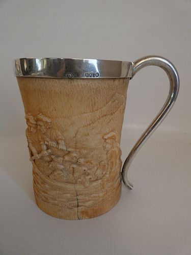 ANTIQUE BONE TANKARD WITH SILVER 3840ed