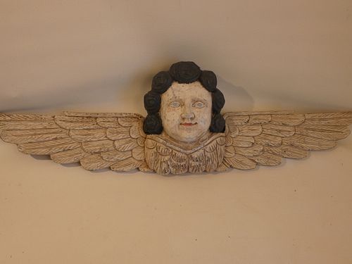CARVED WOOD ANGEL PLAQUEOld carved 38410d