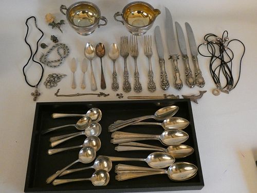 ASSORTED SILVER FLATWARE & JEWELRYLot