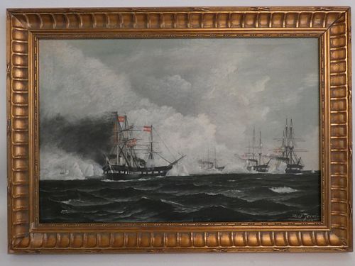 ANTONIO JACOBSEN SHIP BATTLE PAINTINGFine