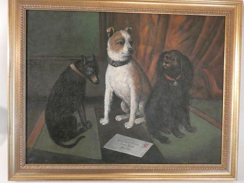 PAINTING OF 3 DOGS SIGNED TAYLOROld 3841df