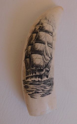 WHALE TOOTH WITH SHIPScrimshaw