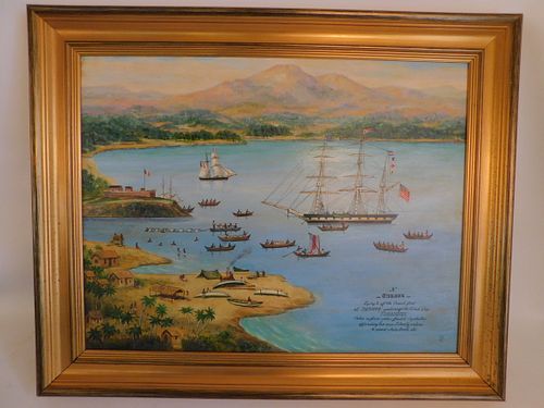 TAHITI WHALING SCENE PAINTING20th 38420d