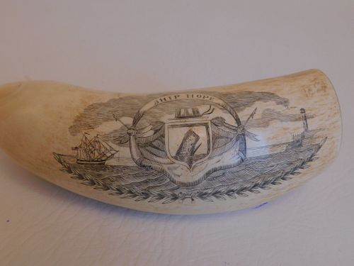 WHALE TOOTH WITH SHIP HOPEScrimshaw