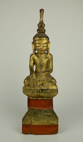 CARVED AND PAINTED WOOD BUDDHA19th  38423e