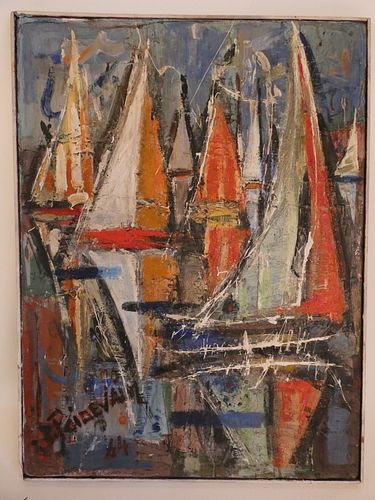 S ROIDEVAIN ABSTRACT BOAT PAINTINGOld 3842b2