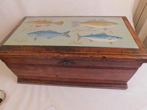 ANTIQUE WOOD TOOL CHEST WITH FISHAntique