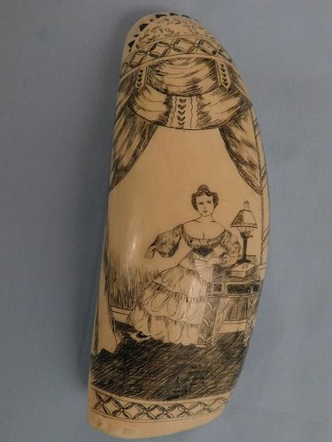 SCRIMSHAW WHALE TOOTH LADY READINGScrimshaw 384471
