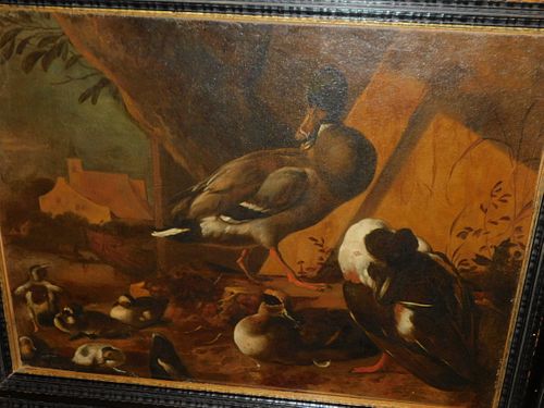 ANTIQUE PAINTING OF DUCKS IN BARNYARD19th