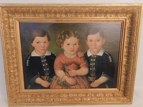 FOLK ART TRIPLE PORTRAIT OF CHILDREN19th 3844da