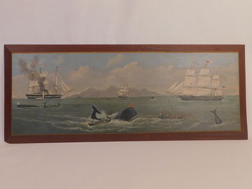 WHALING PAINTING ON WOOD PANELOld