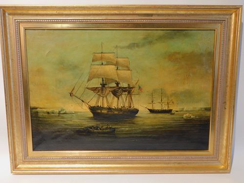 AMERICAN ARCTIC WHALING SCENE PAINTING19th 384515