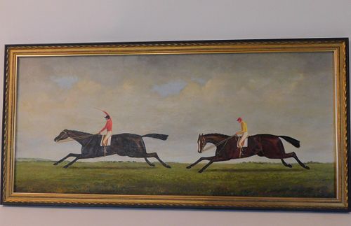 OIL PAINTING OF HORSE RACEVintage oil