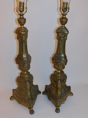 PAIR TALL ANTIQUE BRASS LAMPSPr of large