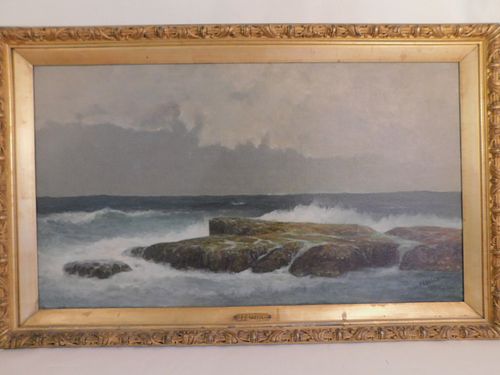 FG GREEN NEWPORT SEASCAPE PAINTINGAntique 3845e2