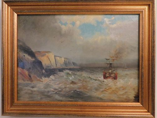 VICTORIAN OIL PAINTING BOAT NEAR 38466a